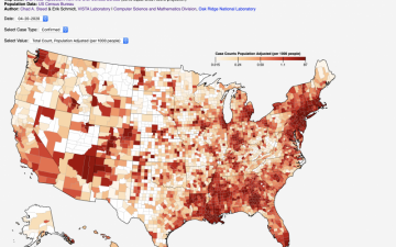 Researchers at ORNL's VISTA visualization laboratory used data from Johns Hopkins University to construct this nationwide choropleth map of COVID-19 cases at the county level. VISTA ORNL Computational Data Analytics