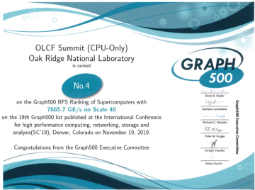 Graph500 Certificate awarded during Birds of Feather Session at SC'19 CSMD ORNL Computer Science and Mathematics